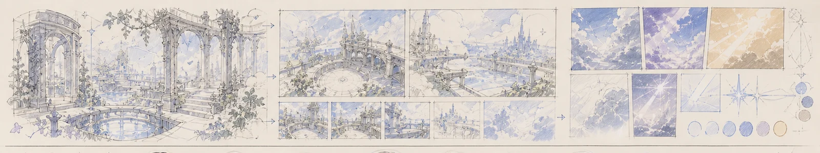 Studies of ethereal architecture, terraces, light and memory paths.