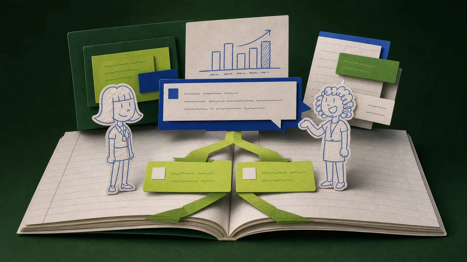 Paper-collage composition of the visual novel with two characters and branching decisions
