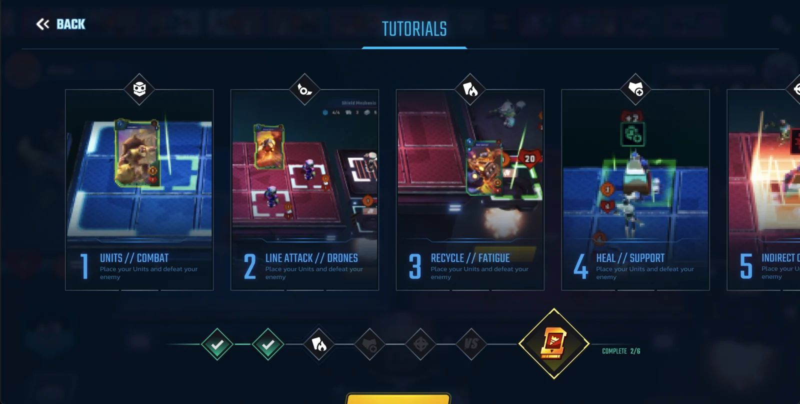 Guided tutorial path with six combat modules