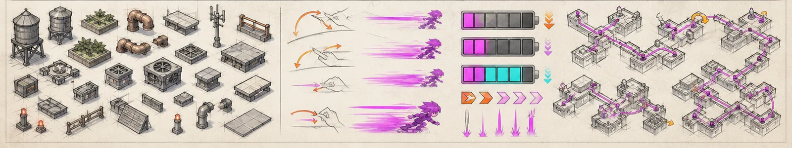 Studies of gestures, speed trails, charge and rooftop route flows.